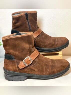 Wolky Men’s Tobacco Brown Suede Real Fur-Lined Moto Boots w Buckles | EUC